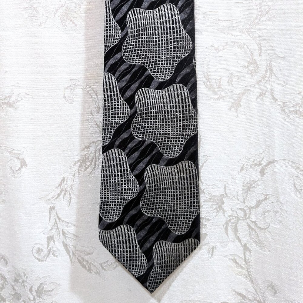 Vintage 80s Spacetime Silk Tie Geometric Stars Art Deco Celestial Dark Academia